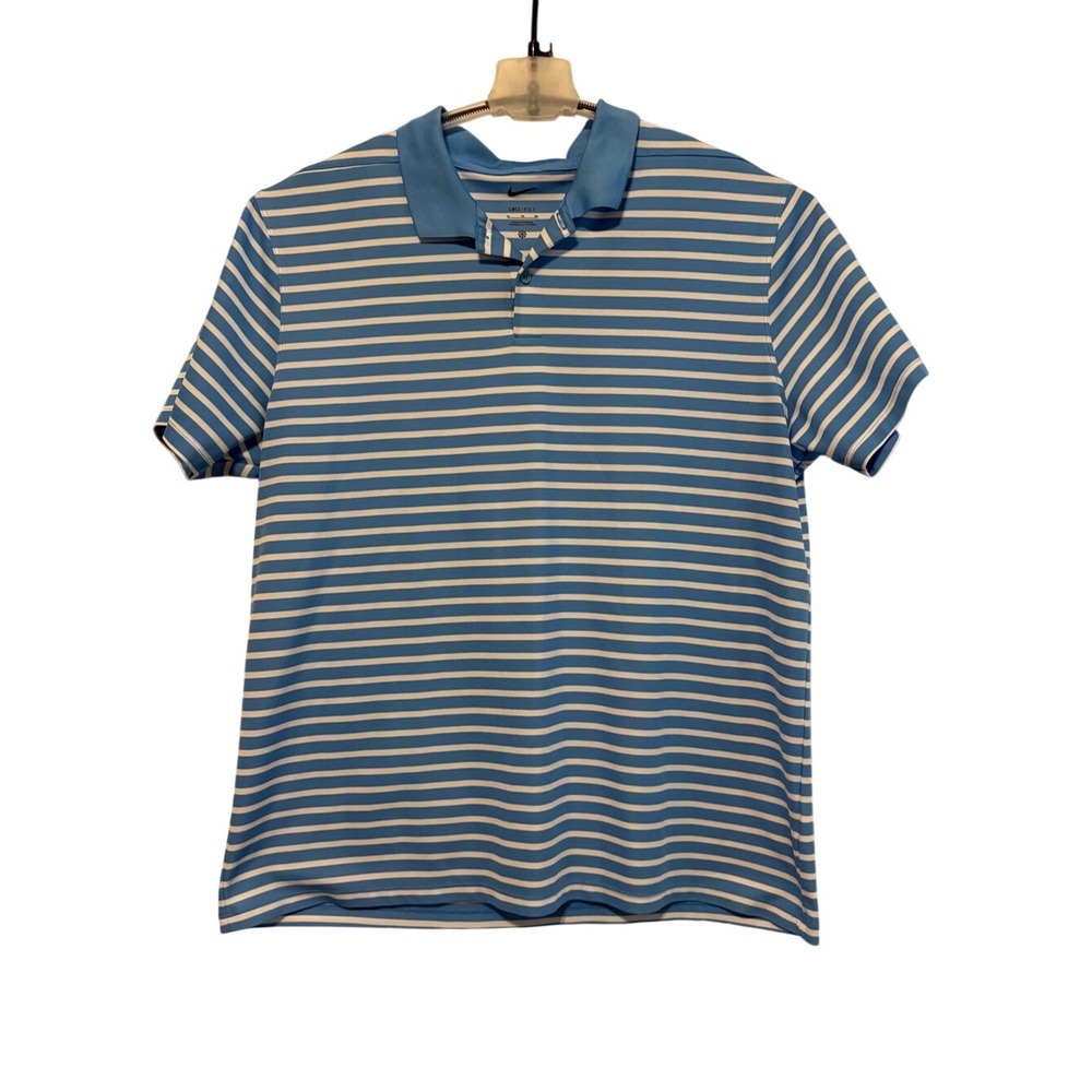 Nike Men's Light Blue and White Striped Polo
